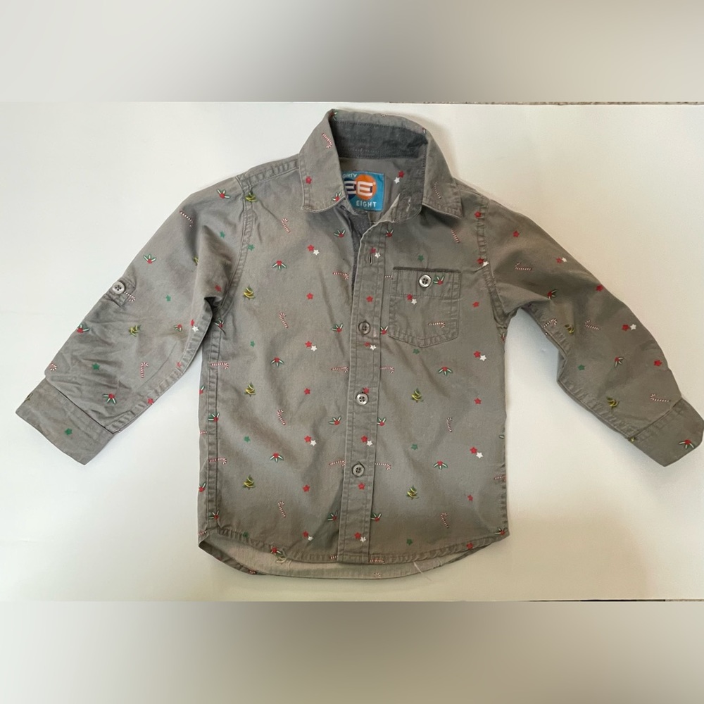 Toddler Boy Christmas Dress Shirt  Gray Long Sleeve Rolls Up To Short Size 2T